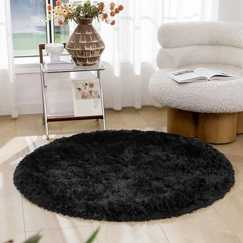 OMERAI Rund Teppich Wohnzimmer Antirutsch Schwarz Schlafzimmer Hochflor Shaggy Gegend (Schwarz, 120cm Rund)