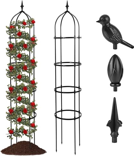 SORANGEUN 1 Pack Garden Obelisk Trellis for Climbing Plants Outdoor, 6FT Adjustable Metal Plant Support with 3 Decorative Tops, Black Rustproof Trellis for Roses, Tomatoes, Clematis & Vines