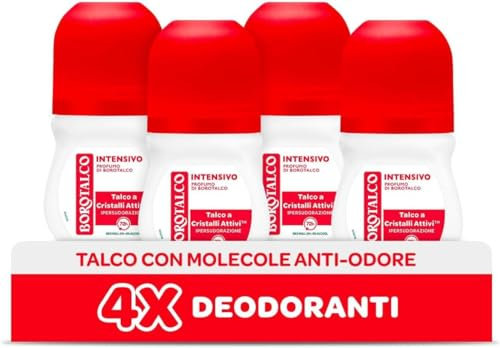 Borotalco, Deodorante Roll-on Intensivo, con Talco a Cristalli Attivi, Ipersudorazione, Senza Alcool, Profumo di Borotalco, 72h efficacia - 4 Pezzi da 50 ml - Esclusiva Amazon