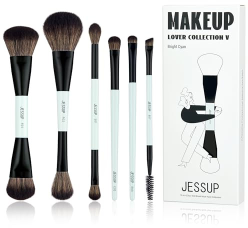 Jessup Make-up-Pinsel-Set, 6-teilig, doppelseitig, Make-up-Pinsel, Foundation, Konturen, Rouge, Highlight, Verblenden, Augenbrauenpinsel, Lidschattenpinsel, veganes Make-Up-Pinsel, helles Cyan T501