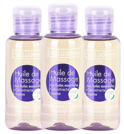 EVOLUDERM - Huile de Massage aux Huiles Essentielles - 100 ml - 98.8% d’Origine Naturelle - Végan - Fabrication Française - Lot de 3 x 100 ml