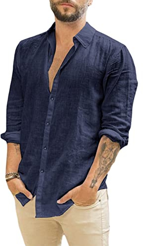 Runcati Camisa de Manga Larga de Lino con Cuello Vuelto para Hombre, Azul Oscuro, M