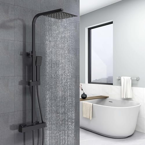 Biubiubath columna de ducha termostática con mezclador termostático, ducha de cabeza cuadrada, negro, columna de ducha regulable en altura 732-1152 mm (cuadrado 1)