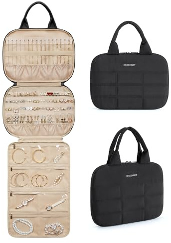 BAGSMART Jewelry Travel Case, Hanging Jewelry Organizer with Zipper Pockets, Large Capacity Puffy Jewelry Roll for Earrings, Necklaces, Rings on Closet, Wall, Door, Portable Travel Essentials, Black