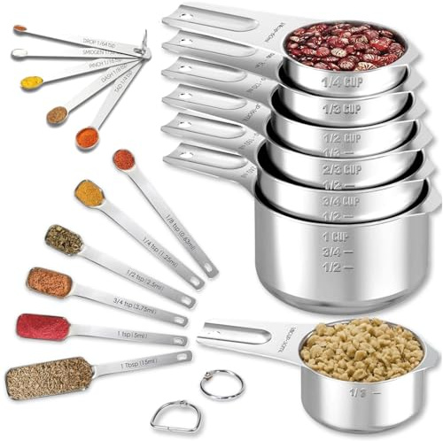 Stainless Steel Measuring Cups & Spoons Set of 18, Includes 7 Nesting Cups, 6 Rectangular & 5 Tiny Measuring Spoons Fits Narrow Spice Jars, Kitchen Gadgets for Cooking & Baking