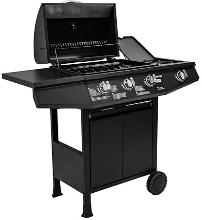Amig - Barbacoa de gas Fireplus 3+1 de 8,4 kW - Acero inoxidable Negro - Parrilla con ruedas Modelo GRILL-3F - Barbacoa XXL con carro y termómetro - 117x52x103 cm - 4 quemadores y Bandeja lateral
