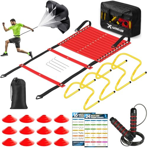X-UMEUS Agility Ladder Speed Training Equipment Set-20ft Agility Ladder,12 Soccer Cones,4 Hurdles, Jump Rope, Running Parachute| Basketball Football Soccer Training Equipment for Kids Youth Adults