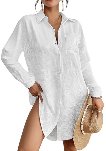 Bsubseach Swimsuit Coverup for Women Button Down Beach Cover Ups Long Sleeve Shirt Dress Modern Blouse Top White L