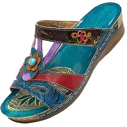Orthopedic Sandals Women UK Sale Clearance, Women's Wedge Sandals & Slides Bohemian Floral Non-Slip Open Toe Slippers Comfy Mules Holiday Beach Shoes Fashion Ladies Summer Shoes