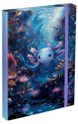 Baagl Heftbox für Schulranzen - Heftmappe A4 für Kinder mit Gummiband und Innenklappen - Sammelmappe, Sammelbox mit Gummizug für Jungen (Axolotl)