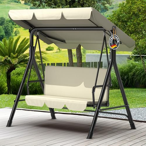 Dondolo da giardino a 3 posti, con tettuccio parasole regolabile, design ergonomico, resistente alle intemperie, ideale per giardino e terrazza, facile da montare, beige