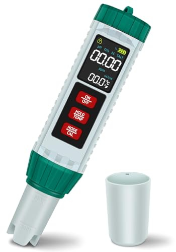 PlayDen PH Messgerät Wasser, PH/TDS/EC/Salzgehalt/Thermometer 5 in 1 pH Wert Messgerät mit LCD-Display, Automatischer Temperatur Kompensations pH Pool Tester, Hochpräziser Trinkwasser Wassertester