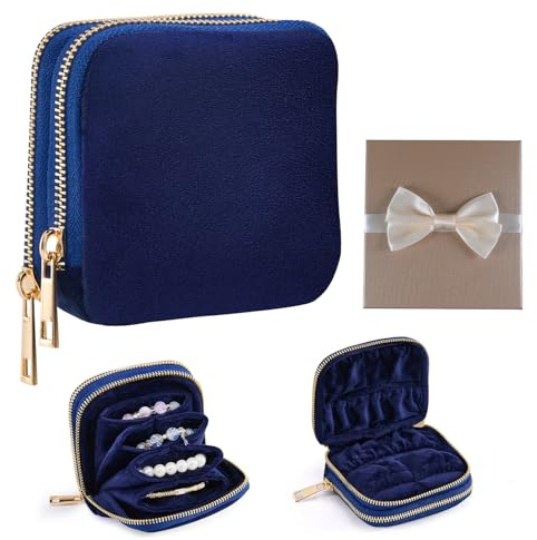 Laveminyx Travel Jewelry Case for Women, Double Layer Velvet Jewelry Pouch with Double Zipper, Small Travel Jewelry Organizer for Rings Earrings Bracelets, Mini Jewelry Travel Bag (Blue)