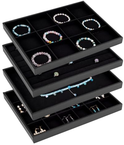 PH PandaHall Black Jewelry Tray 4 Pack Jewelry Organizer Tray Rectangle Display Trays Stackable Storage Case for Earrings Rings Necklaces Dresser Drawer Vendor Display Christmas Decor, 13.7x9.4inch