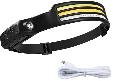 AuSletie Torcia da testa ricaricabile, 2000 lumen, fascia a LED larga 230°, con sensore di movimento di tipo C, ricarica rapida, leggera e impermeabile, per campeggio, corsa, escursionismo