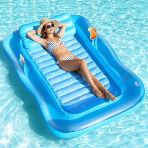 KingSom Matelas Gonflable Piscine Adultes, Bouée Piscine Adulte avec Oreiller, Porte-Boisson et Porte-Téléphone, Chaise Fottante de Piscine Gonflable pour Adultes, Bouée Flottante pour Bronzage, Plage