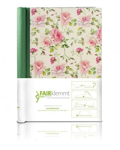 FAIRklemmt Klemmbinder Romantic, A4, pink and green, 150 pages, 22.5 x 30.8 cm, 3mm starke Buchbinderpappe, kaschiert mit italienischem Dekorpapier, hochwertiger Leinenrücken in grün