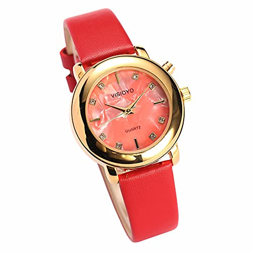 VISIONU Ladies Montre Parlante Analogique avec Alarme, Annonce de l'heure et Date en Français (Bracelet Cuir Rouge TAG-1402F)