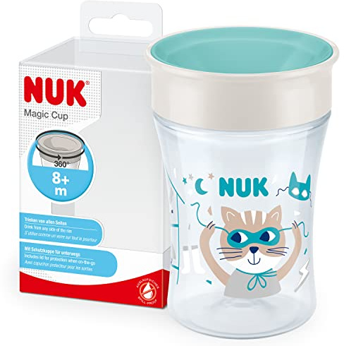 NUK Magic Cup Gobelet à bec, Bord anti-déversement à 360°, 8 mois et plus, Anti-fuite et sans BPA, 230 ml, Chat bleu 10255604