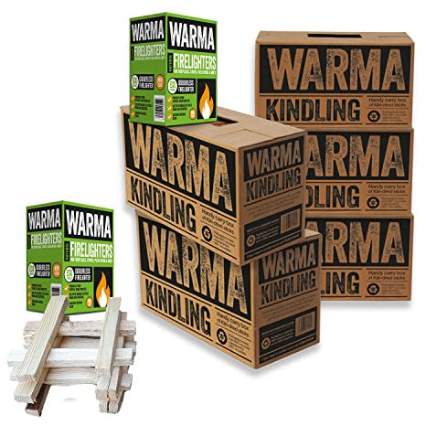 5 Large Boxes Warma Kiln Dried Kindling & 2 Boxes Warma Eco Wood Wool Firelighters Firestarter Camping Bundle - Suitable for Lighting BBQ Barbecue Fire Pit Stoves & Open Fires