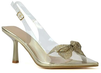 Womens Clear Slingback Heels Ladies Pointed Toe Gold Perspex Jewel Bow Court Shoes Size 5