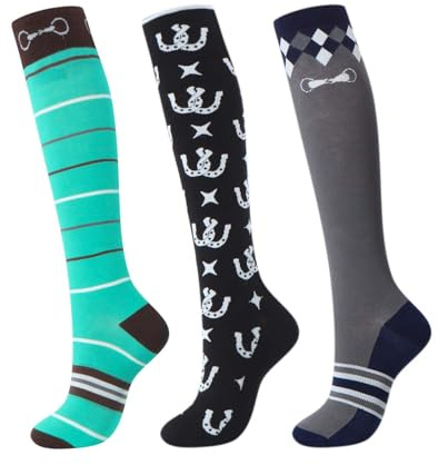 Harrison Howard 3 pares de calcetines de equitación de alta calidad para montar a caballo y botas altas hasta la rodilla para mujer, Barra de color azul/broca de caballo morado/broca de caballo negro,
