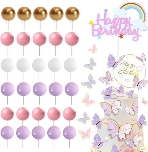 DHWEKU 52 piezas de bolas para decoración de tartas, mini globos, Adorno de Pastel de Mariposa,palitos para decoración de tartas, bolas de espuma, púas para tartas para bodas, fiestas, cumpleaños