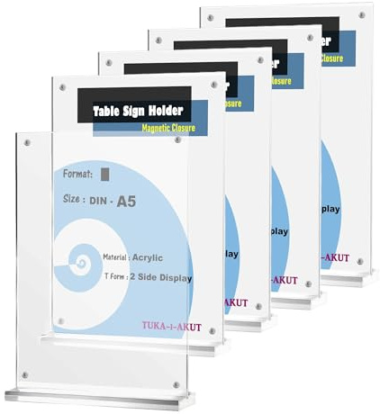 TUKA-i-AKUT 5X A5 Vertical Soporte en T de Mesa Acrílico con Cierre Magnético, Porta Carteles Doble Cara, Expositor Sobremesa para Exhibición Folletos Publicitario Menús Promociones, TKD8241-A5-H-5x