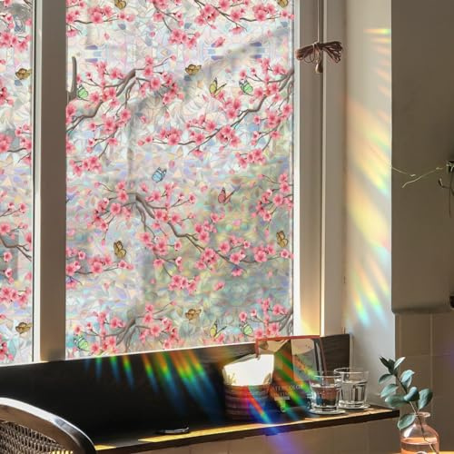 Runtoo Pellicola per la privacy per finestre, motivo fiori di ciliegio arcobaleno, adesivo decorativo 3D, in vinile, motivo farfalla, statico, non adesivo, 40 x 101,6 cm