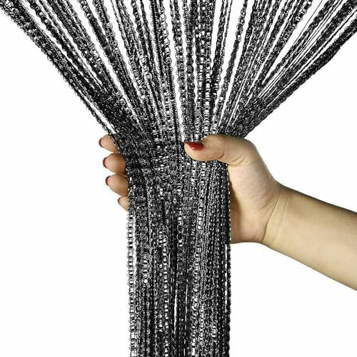 String Curtain Panels Door Fly Screen Room Divider Net Hanging Glitter Curtains,Decorative Tassel Ribbon Strip Silver Screen for Living room,Bedroom,Party Events (Black, 39 x 79)