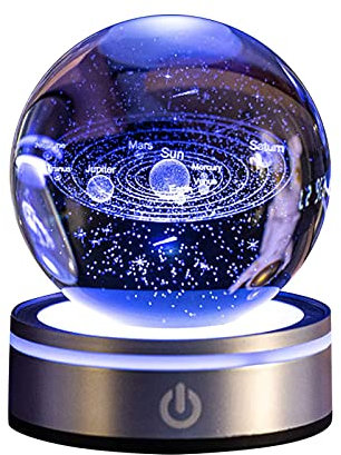 GeluEla Lámpara Bola De Cristal 3d, Sistema Solar Bola De Cristal, Bola de Cristal Adivinacion,Luz Cambiante 6 Colores Base Led, 8 Cm Lámpara Bola De Cristal Planeta,Personalizada
