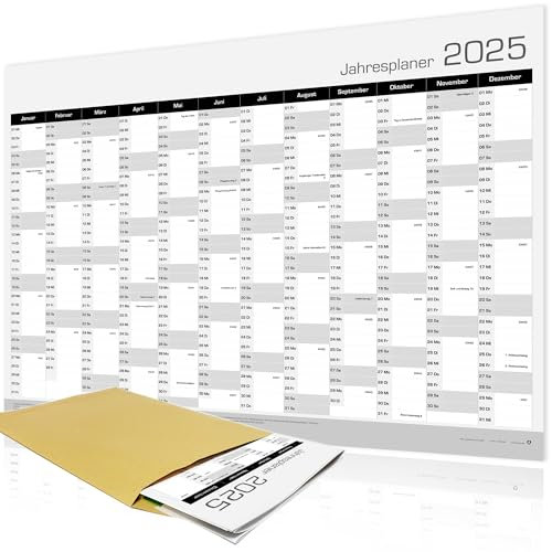 Jahresplaner 2025, DIN A1 XXL-Großformat, Poster Größe Wandkalender mit KW-Wochen Übersicht, deutsche Feiertage, 12 Monate, Kalender für Büro, Schule, Alltag, JP25M2