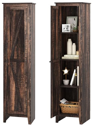 LIFEZEAL Colonna Bagno, in Legno, Mobile Bagno, con una Porta e 4 Scomparti, Mobiletto Salvaspazio, 47x41x183 cm, Armadietto Alto e Streto, per Soggiorno, Ingresso e Camera da Letto, Arredo (marrone)