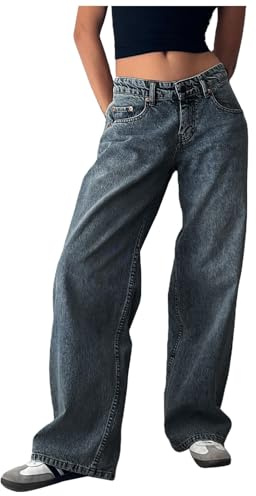Generisch 2025 - Jean pour femme avec jambe large et taille basse, coupe décontractée, jean boyfriend, coupe droite, jean stretch tendance, jean long confortable pour femme pour ensemble, bleu foncé