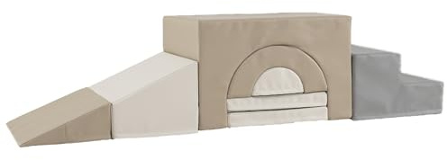 COSTWAY Kids Soft Play Set, 7-Piece Toddler Foam Climbing Blocks with Waterproof PU Leather, Indoor Baby Climb and Crawl Activity Playset for Sensory Motor Skills (Grey+Beige)