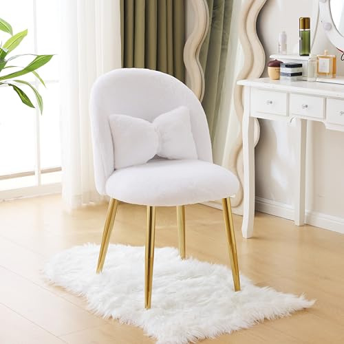 TactFire Fauteuil Salon, Chaise Coiffeuse, Fauteuil Chambre avec Coussin, Pieds en Métal, Fausse Fourrure de Lapin (Blanc)