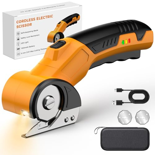 Cordless Electric Scissors, High Speed Cardboard Cutter, 4V 1500mAh Rechargeable Rotary Cutter with Safety Lock & LED Light, Cardboard Cutter for Cutting of Fabric, Leather, Carpet, Plastic