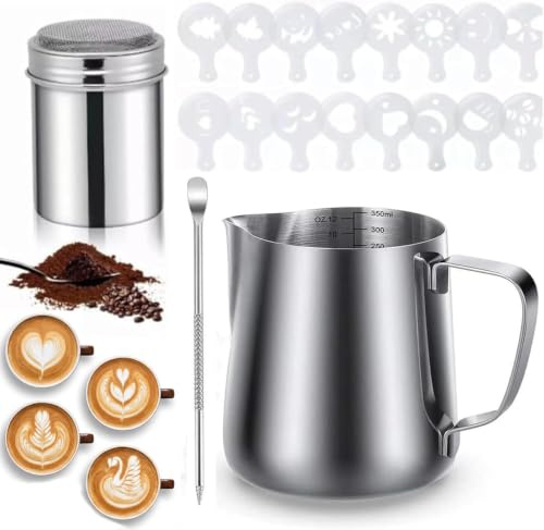 Eulihent Jarra Leche Barista 350ml (12oz) Acero Inoxidable con Medición Mark,Jarra Espumadora de Leche con Dispensador de Cacao,16 Plantillas y Bolígrafo para Arte con Leche-Ideal para Capuchino.