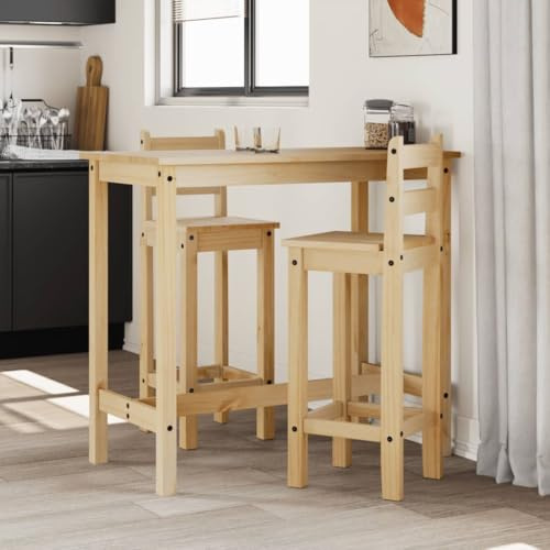 Plumbpyr Set da bar in legno massello di pino, finitura cera miele, 112 x 57 x 101 cm, tavolo da bar con 2 sedie da bar, schienale, poggiapiedi, sala da pranzo, soggiorno, piccolo gruppo da pranzo