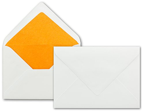 100 x Briefumschläge in weiss mit orangenem Seidenfutter, DIN B6 12,5 x 17,6 cm, Nassklebung ohne Fenster - Ideal für Hochzeits-Einladungen Grußkarten Weihnachtskarten