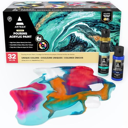 ARTEZA Acrylic Pouring Paint Set of 32, 2 ounce Bottles, Assorted Colors, High Flow Paint, Art Supplies for Pouring on Canvas, Glass, Paper, Wood
