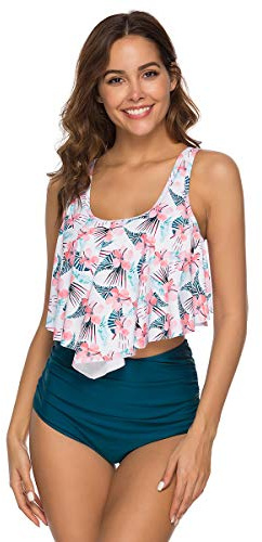 Baddräkt för kvinnor, bikini med hög midja, två delade baddräkter, bikini set, halterneck, strand, bad, badkläder, Rosa grön, S