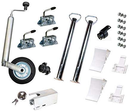 WAMO PKW-Anhänger Zubehörset: Stützrad, Stützen 700 mm, Klemmhalter, Keile inkl. Halter (weiß), Kastensicherung, Schloss und Adapter inkl. Befestigungsmaterial