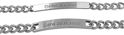 Hanessa Pärchen Armband mit Gravur 2 Stück silber 20 cm und 21 cm - Armband personalisiert Edelstahl für Partner Familie Beste Freundin BFF - Partnerarmbänder 2er Set Armbänder für Paare
