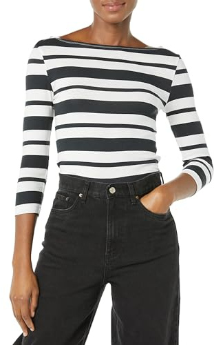 Amazon Essentials T-Shirt da Donna Slim Fit con Maniche a 3/4, Scollo a Barca, Nero Bianco a Righe, M