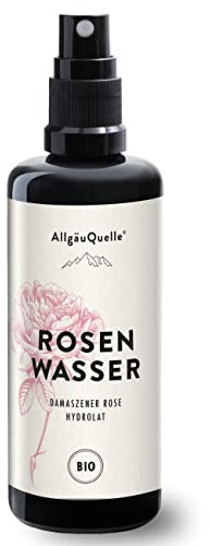 AllgäuQuelle – BIO Rosenwasser, Damaszener Rose Hydrolat | 100% naturreines Pflanzenwasser | Pflege Spray für Gesicht, Haut und Haare | Rosenhydrolat als Gesichtswasser und Rasierwasser, 100ml