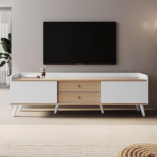 HAINEW TV-skåp med två lådor och två skjutdörrar, 160 × 40 × 58 cm, modern TV-bänk TV-skåp TV-bord för vardagsrum, matsal (vit och naturlig träfärg), HNDEWF303118119