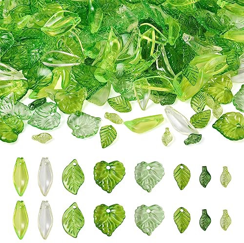 Craftdady 320 Stück durchscheinendes Laub Charm aus transparentem Acryl, grün, für Blumenperlen-Schmuck, Armbänder, Halsketten und Ohrringe