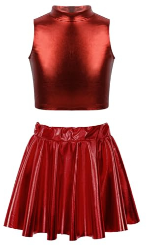 Freebily Flicka Konstnärlig Träningsoverall 2 Stycken Crop Top Dans Klassisk Modern Jazz Hip Hop Metallisk + Irreguljär Hem Sport Träningskjol Yoga Löpning, Röd C, 13-14 �r