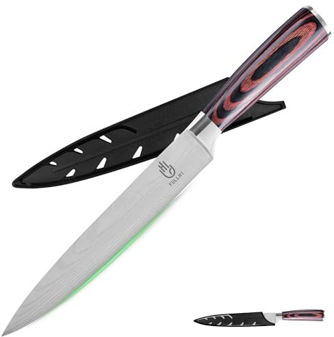 FULLHI Coltelli per affettare, Colore 20cm Coltello giapponese con fodero, Coltello per intagliare Coltello da cucina in acciaio inox con guardia (Legno di caffè)